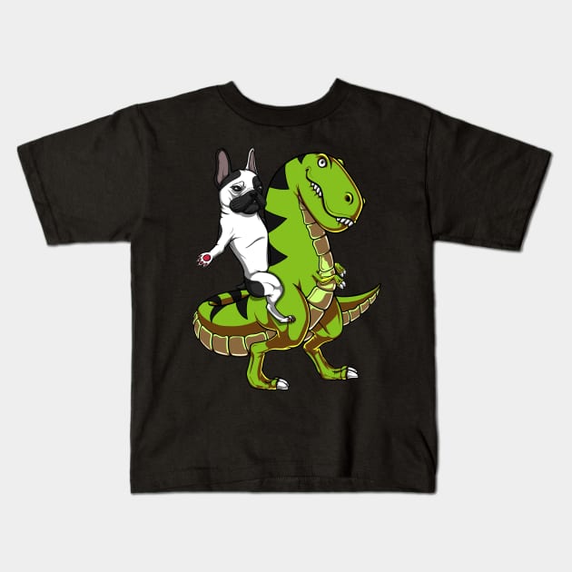 French Bulldog Riding T-Rex Dinosaur Kids T-Shirt by underheaven